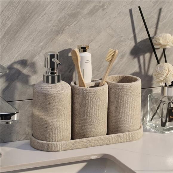 Bathroom Accessories Set 4 Pieces Soap Dispenser Toothbrush Holder Vanity Tray - Picture 6 of 7